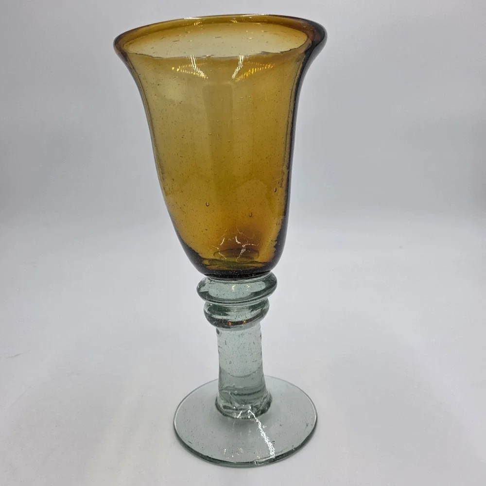 Set of 6 Amber Blown Glass Wine Goblets Aqua Blue Stem Bubbles Hand Blown‎ 8